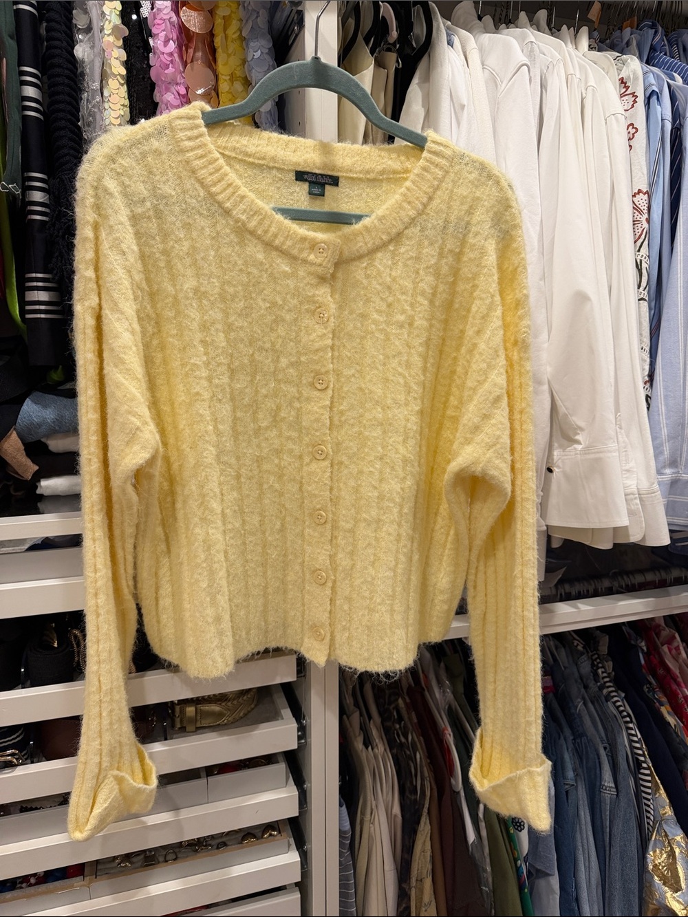 wild fable Pale Yellow Button-Front Fuzzy Knit Cardigan